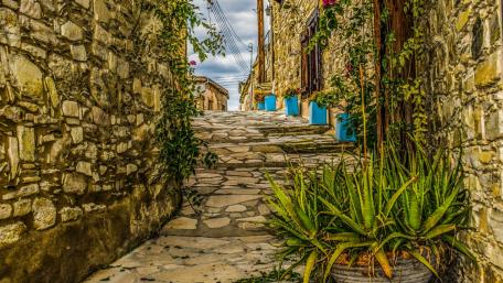 Charming Village Alleyway with Lush Greenery wallpaper