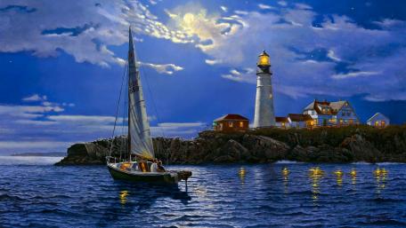 Portland Head Light painting art wallpaper