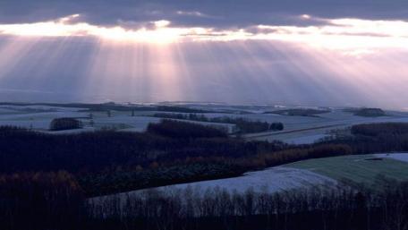 Heavenly Rays Over Serene Landscape wallpaper