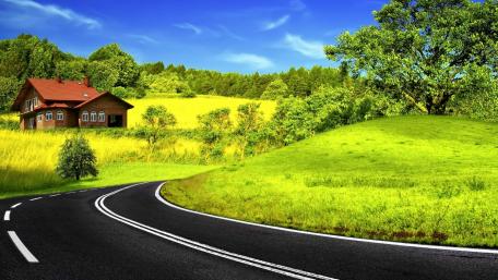 Sunny Countryside Bliss with Winding Road and Cottage wallpaper