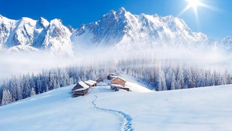 Winter Serenity in a Mountain Village Landscape wallpaper