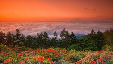 Mountainside Serenity with Red Sky wallpaper