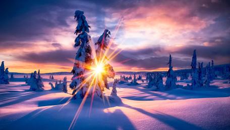 Enchanting Purple Sunrise Over Snowy Landscape wallpaper