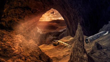 Abandoned airplane wreck in the cave wallpaper