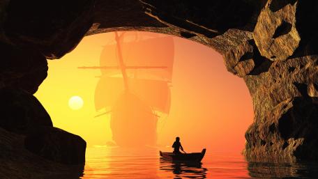 Full-rigged ship silhouette and a rowing boat wallpaper