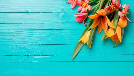 Flowers on blue wood planks wallpaper