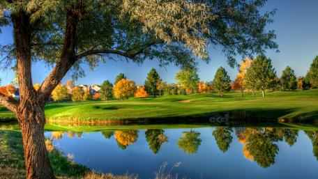 Autumn Reflections on a Tranquil Golf Course Pond wallpaper