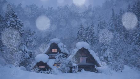 Snowy log cabin in the snowfall wallpaper
