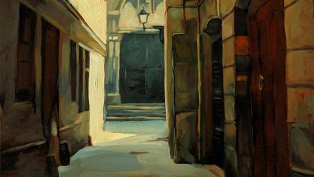 The dark door at the end painting wallpaper
