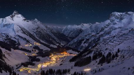 Illuminated Mountain Village wallpaper