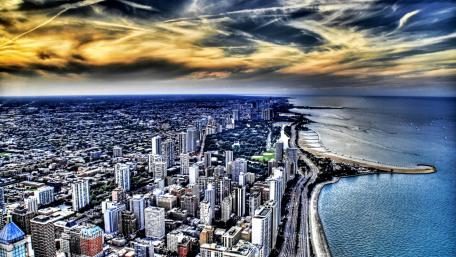 Chicago Skyline Over Lake Michigan at Sunset wallpaper