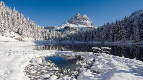 Serene Winter Landscape with Majestic Mountains and Lake wallpaper