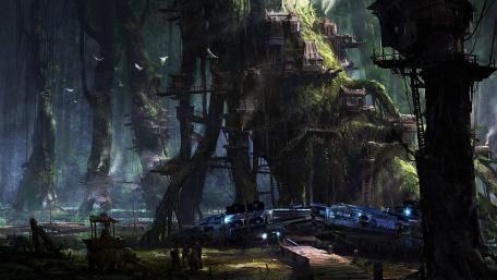 Mystical Forest Outpost Amidst the Stars wallpaper