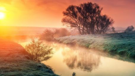 Serene Dawn Over Misty Riverbank wallpaper