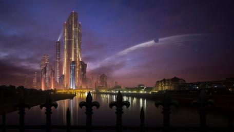 Futuristic Metropolis Under Galactic Skies wallpaper