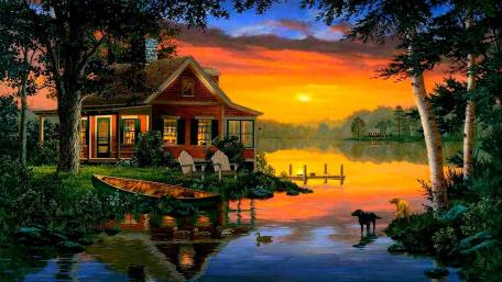 Tranquil Lake Sunset Retreat wallpaper