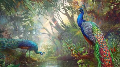 Majestic Peacocks in Enchanted Rainforest wallpaper