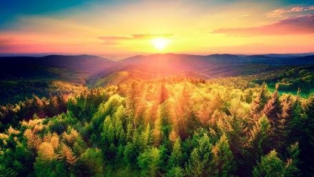 Breathtaking Sunrise Over Tranquil Forested Hills wallpaper