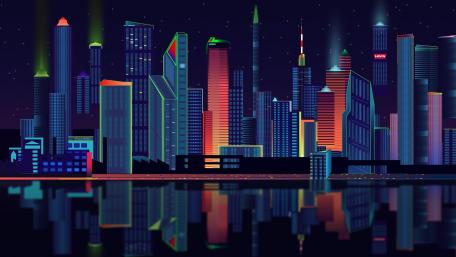 Skyscrapers at night retrowave digital art wallpaper