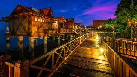 Overwater bungalow in Langkawi at summer night wallpaper