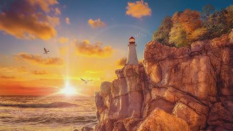 Lighthouse Overlooking Autumn Sunrise wallpaper