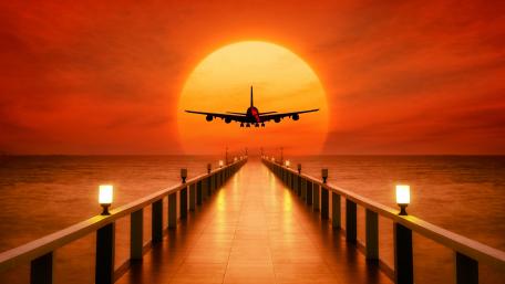 Airplane Sunset Over Pier Fantasy wallpaper
