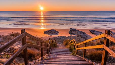 Stairs to the beach at sunset (Sines, Port wallpaper