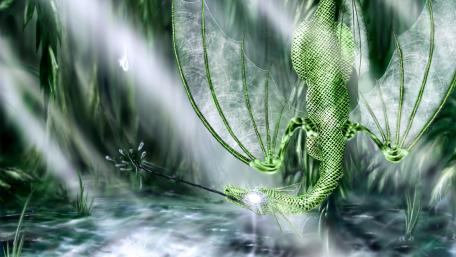 Green dragon with illuminating white eyes wallpaper