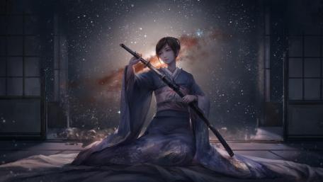 Girl in kimono with Katana wallpaper