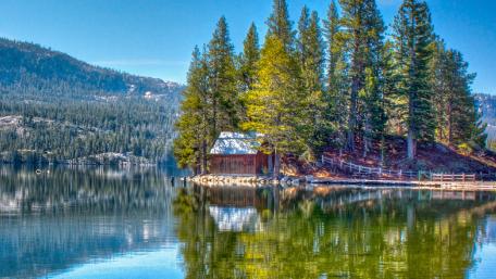 Serene Lakeside Cottage Reflection Artwork wallpaper