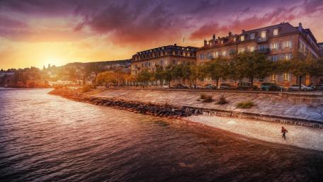 Neuchâtel at sunset (Switzerland) wallpaper