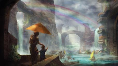 Dreamy Rainbow Landscape with Mother and Child wallpaper