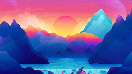 Vibrant Sunset Over Tranquil Mountain Lake wallpaper