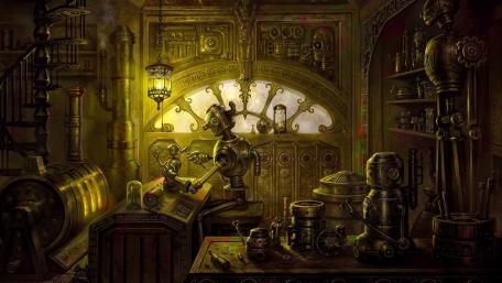 Steampunk Robot Workshop Adventure wallpaper