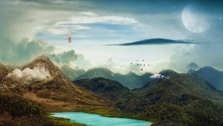 Fantasy landscape with a flying Boeing PT-17 Kaydet aircraft wallpaper