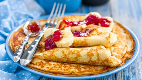 Delicious Pancakes with Jam and Bananas for Breakfast wallpaper