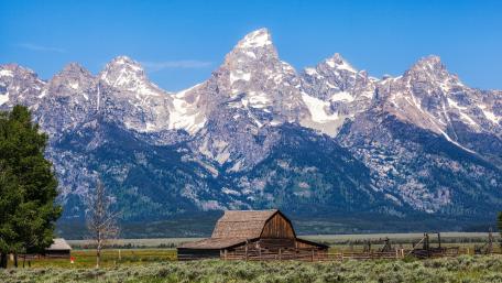 Moulton Barn and The Grand Tetons behind wallpaper