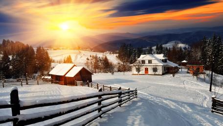 Winter village sunrise wallpaper