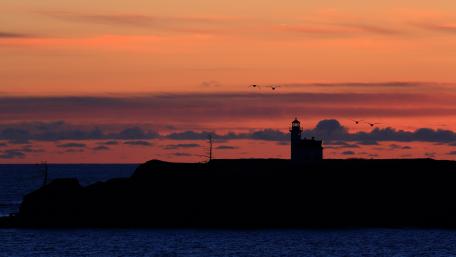 Serene Sunset Over a Lighthouse Silhouette wallpaper