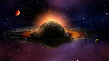 Ringed planet with moons - 3D Space art wallpaper