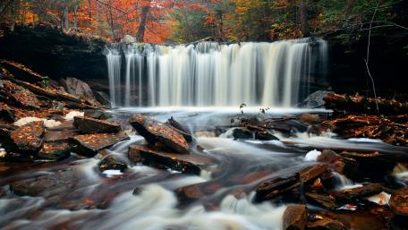 Autumn waterfall with colorful foliage wallpaper