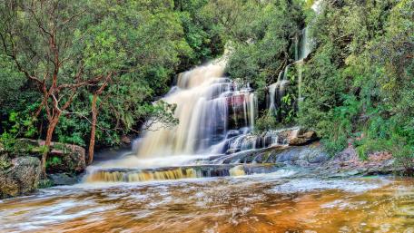 Serene Waterfall Amidst Lush Greenery wallpaper