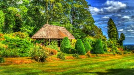 Tranquil Garden Retreat in Lush Landscape wallpaper