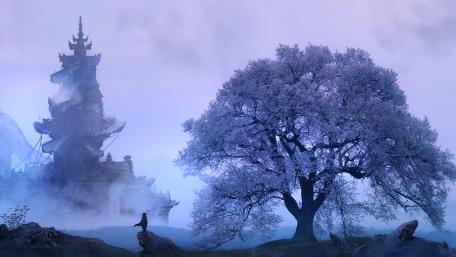 Fantasy Morning Blossoms in Misty Landscape wallpaper