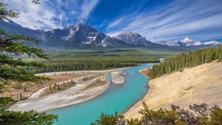 Majestic Wilderness Landscape of Mountains and River wallpaper