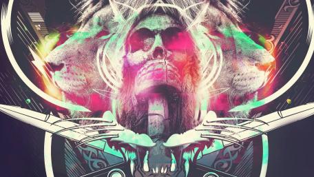 Multicolored lion and skull illustration wallpaper