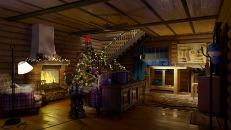 Christmas tree beside the fireplace wallpaper