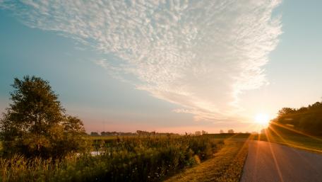 Morning Sunbeams Over a Serene Rural Road wallpaper