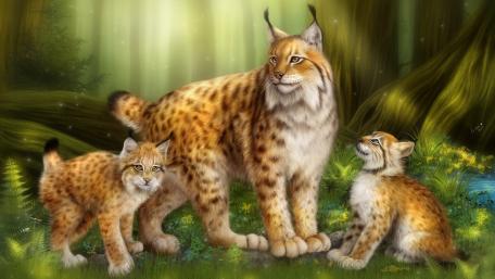 Lynx Family in Enchanted Forest Setting wallpaper