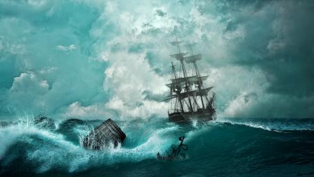Ghostly Galleon Amidst Tempestuous Seas wallpaper